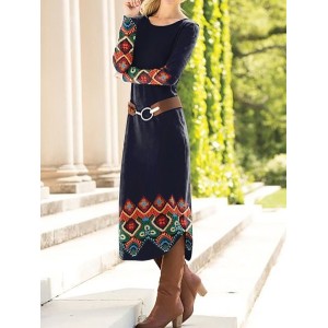Women's Long Sleeve Spring/Fall Ethnic Geometry Dress Crew Neck Daily Going Out Vintage Midi A-Line T-Shirt Dress