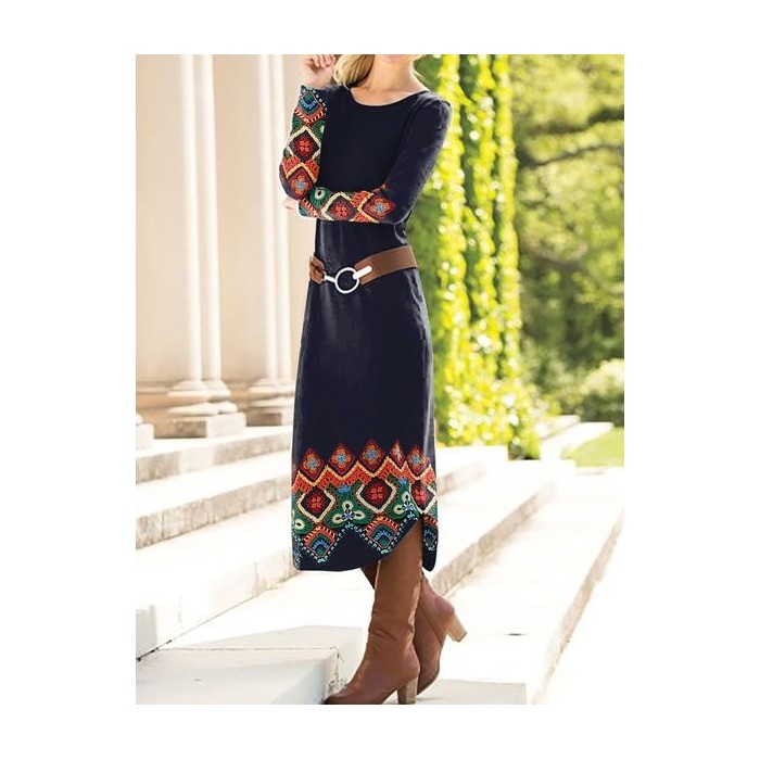 Women's Long Sleeve Spring/Fall Ethnic Geometry Dress Crew Neck Daily Going Out Vintage Midi A-Line T-Shirt Dress