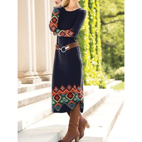 Women's Long Sleeve Spring/Fall Ethnic Geometry Dress Crew Neck Daily Going Out Vintage Midi A-Line T-Shirt Dress