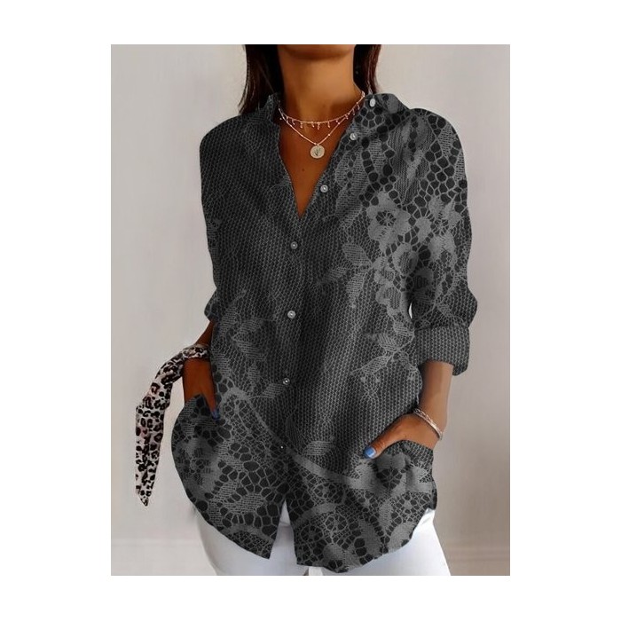 Women's Long Sleeve Shirt Spring/Fall Geometric Cotton Shirt Collar Daily Going Out Casual Top