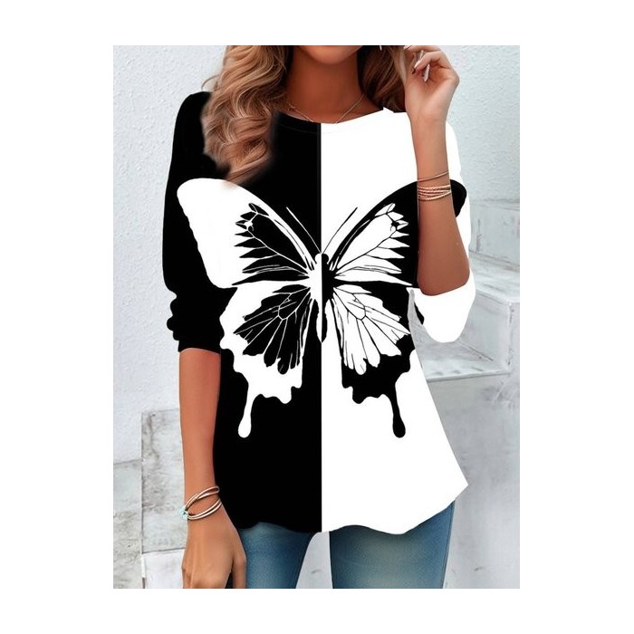 Women's Long Sleeve Tee T-shirt Spring/Fall Butterfly Jersey Crew Neck Daily Going Out Casual Top