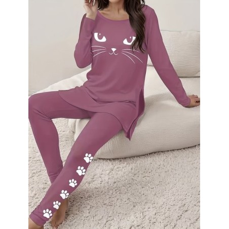 Women's Jersey Cat Daily Going Out Two Piece Set Long Sleeve Casual Spring/Fall Top With Pants Matching Set