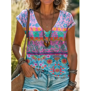 Women's Short Sleeve Tee T-shirt Summer Floral Printing V Neck Casual Graphic Tee Top