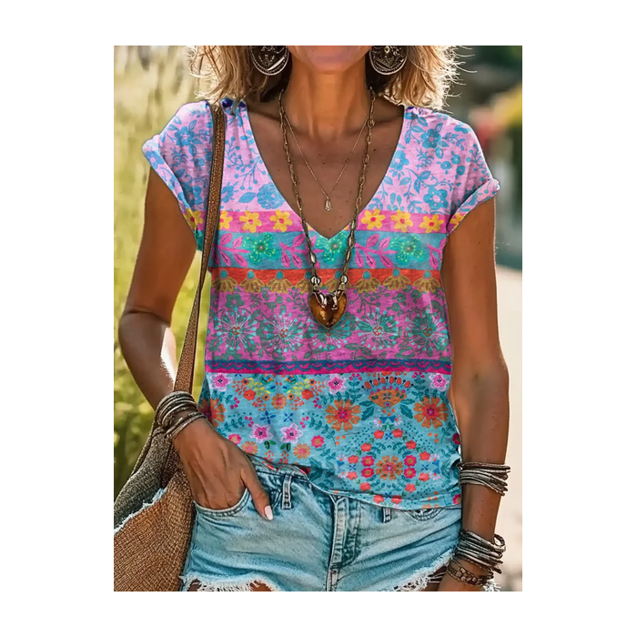Women's Short Sleeve Tee T-shirt Summer Floral Printing V Neck Casual Graphic Tee Top