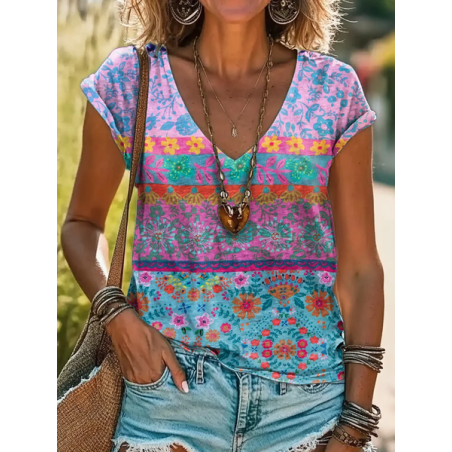 Women's Short Sleeve Tee T-shirt Summer Floral Printing V Neck Casual Graphic Tee Top