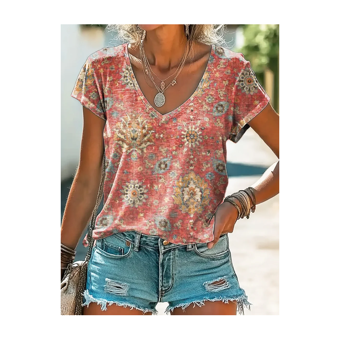 Women's Short Sleeve Tee T-shirt Summer Floral Printing V Neck Casual Graphic Tee Top