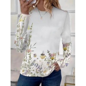 Women's Long Sleeve Tee T-shirt Spring/Fall Floral Printing Crew Neck Casual Graphic Tee Top