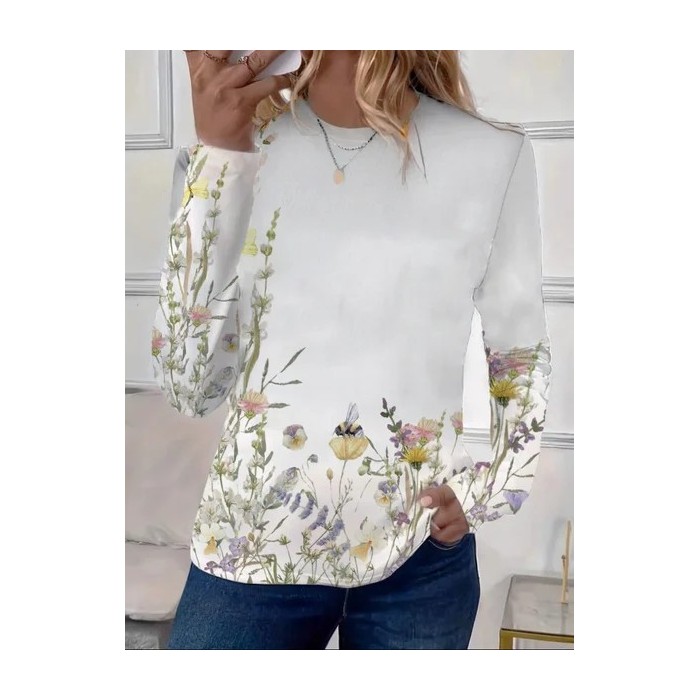 Women's Long Sleeve Tee T-shirt Spring/Fall Floral Printing Crew Neck Casual Graphic Tee Top