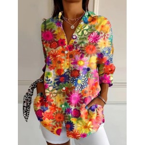 Women's Long Sleeve Shirt Spring/Fall Floral Buckle Shirt Collar Daily Going Out Casual Top