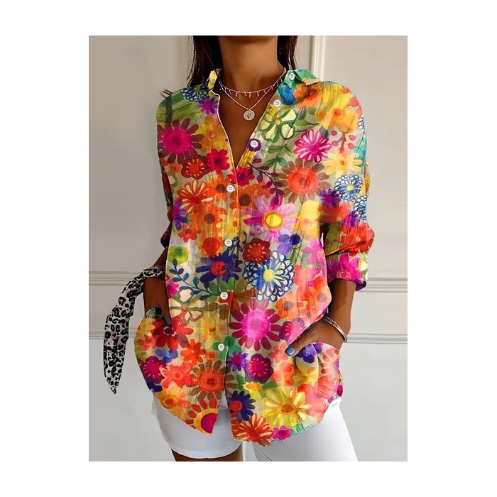 Women's Long Sleeve Shirt Spring/Fall Floral Buckle Shirt Collar Daily Going Out Casual Top