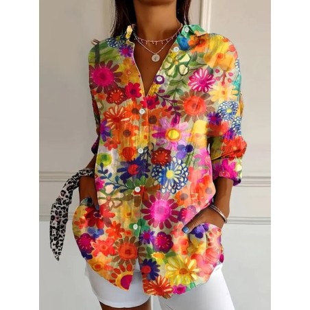Women's Long Sleeve Shirt Spring/Fall Floral Buckle Shirt Collar Daily Going Out Casual Top