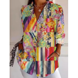Women's Floral Long Sleeve Shirt Spring/Fall Striped Shirt Collar Daily Going Out Casual Top