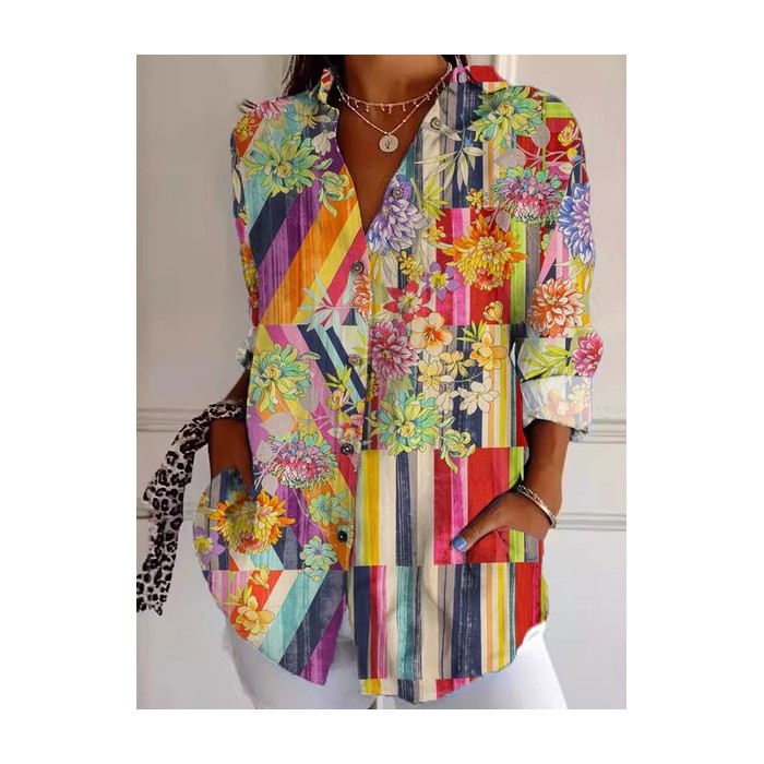 Women's Floral Long Sleeve Shirt Spring/Fall Striped Shirt Collar Daily Going Out Casual Top