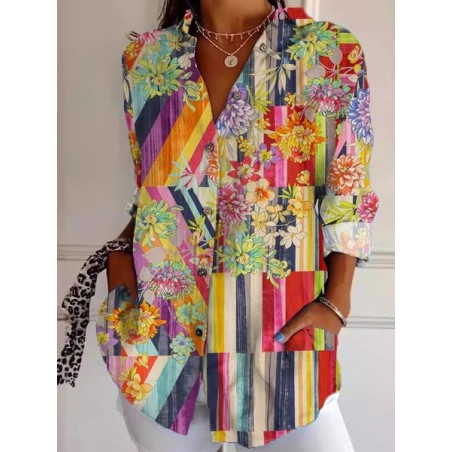 Women's Floral Long Sleeve Shirt Spring/Fall Striped Shirt Collar Daily Going Out Casual Top