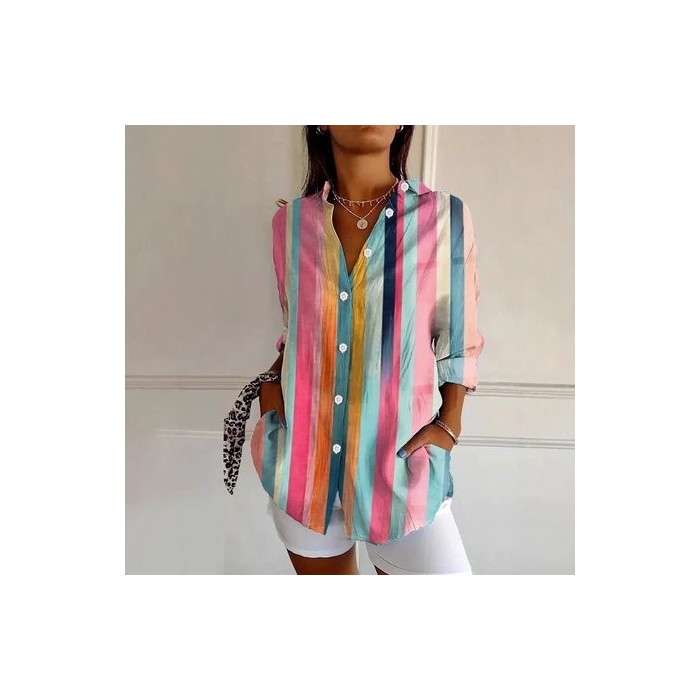 Women's Striped Long Sleeve Shirt Spring/Fall Shirt Collar Daily Casual Top