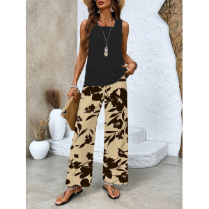 Women's Floral Printing Two-Piece Set Daily Sleeveless Casual Summer Top With Pants Matching Set