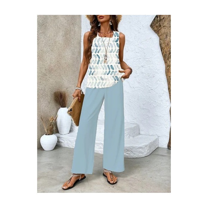 Women's Geometric Printing Two-Piece Set Daily Sleeveless Casual Summer Top With Pants Matching Set