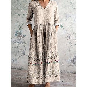 Women Floral Long Sleeve Spring/Fall Dress V Neck Daily Casual Maxi A-Line Dress