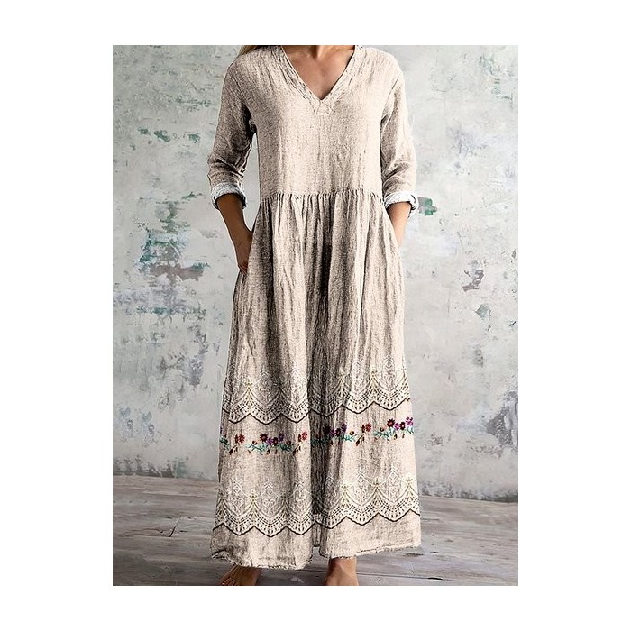 Women Floral Long Sleeve Spring/Fall Dress V Neck Daily Casual Maxi A-Line Dress