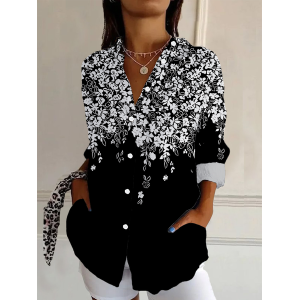 Women Floral Long Sleeve Shirt Spring/Fall Buckle Shirt Collar Daily Casual Top