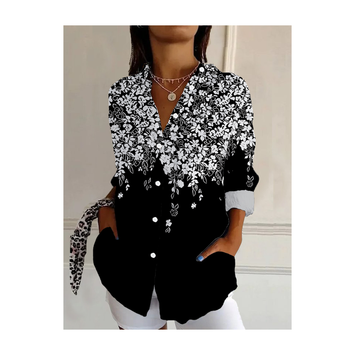 Women Floral Long Sleeve Shirt Spring/Fall Buckle Shirt Collar Daily Casual Top