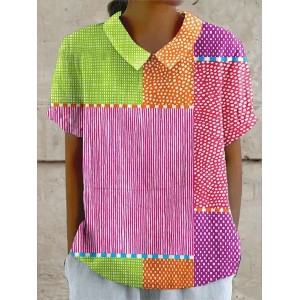 Women Striped Short Sleeve Shirt Summer Shirt Collar Daily Casual Top