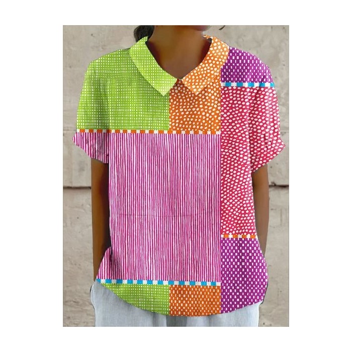 Women Striped Short Sleeve Shirt Summer Shirt Collar Daily Casual Top