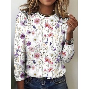 Women Floral Long Sleeve Tee T-shirt Crew Neck Casual Spring/Fall Top