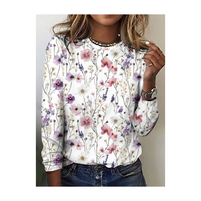 Women Floral Long Sleeve Tee T-shirt Crew Neck Casual Spring/Fall Top