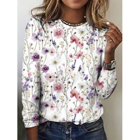 Women Floral Long Sleeve Tee T-shirt Crew Neck Casual Spring/Fall Top