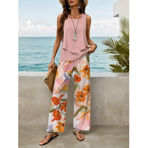 Women Floral Printing Two-Piece Set Daily Sleeveless Casual Summer Top With Pants Matching Set