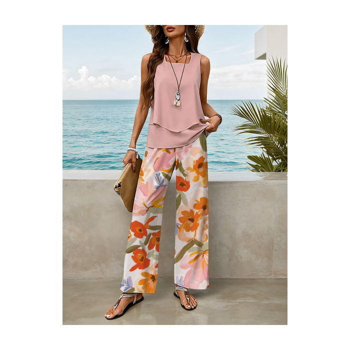 Women Floral Printing Two-Piece Set Daily Sleeveless Casual Summer Top With Pants Matching Set