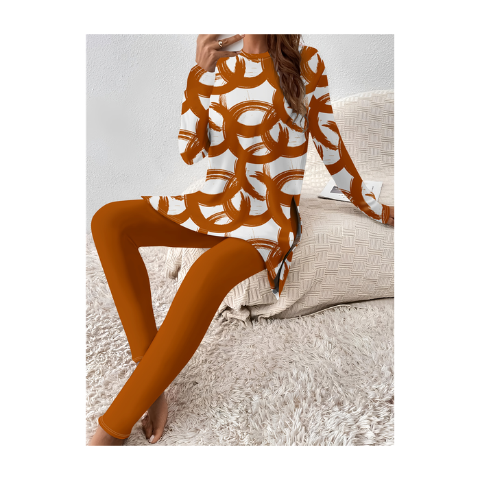 Women's Jersey Geometric Daily Going Out Two Piece Set Long Sleeve Casual Spring/Fall Top With Pants Matching Set