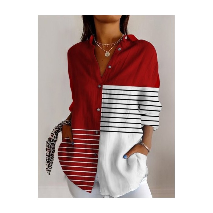 Women's Long Sleeve Shirt Spring/Fall Geometric Cotton Shirt Collar Daily Going Out Casual Top