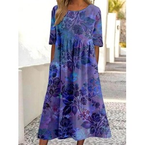 Women's Half Sleeve Summer Floral Dress Crew Neck Daily Going Out Vintage Maxi Shirt Dress A-Line Dress