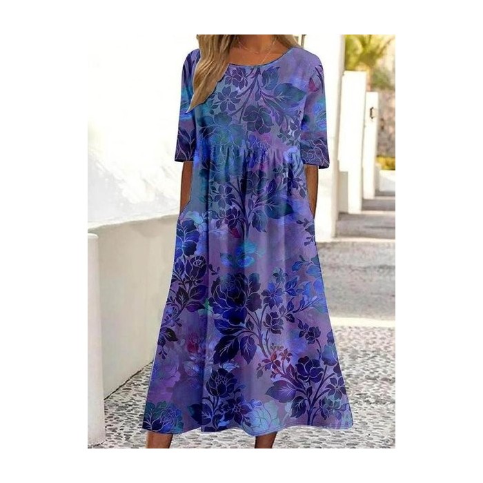 Women's Half Sleeve Summer Floral Dress Crew Neck Daily Going Out Vintage Maxi Shirt Dress A-Line Dress