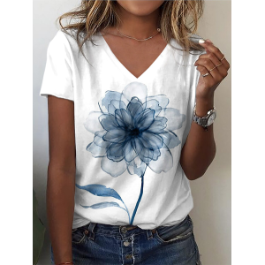 Women's Floral Short Sleeve Tee T-shirt V Neck Vintage Summer Top