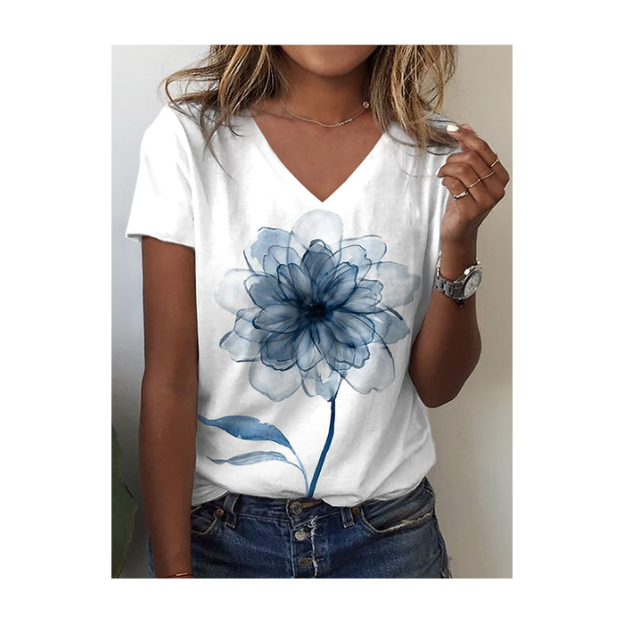 Women's Floral Short Sleeve Tee T-shirt V Neck Vintage Summer Top