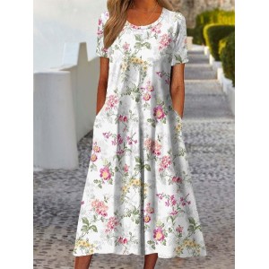 Women's Striped Half Sleeve Summer Dress Crew Neck Daily Vintage Maxi Shirt Dress A-Line Dress