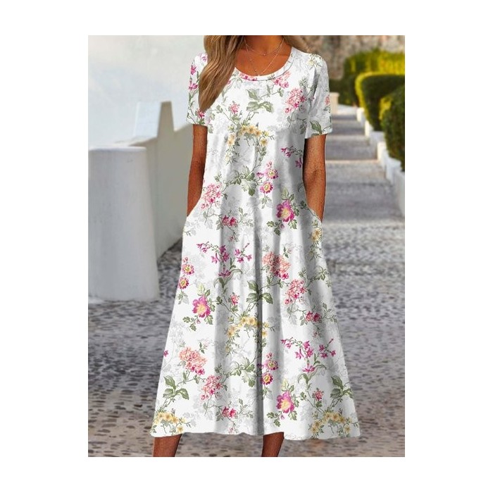 Women's Striped Half Sleeve Summer Dress Crew Neck Daily Vintage Maxi Shirt Dress A-Line Dress