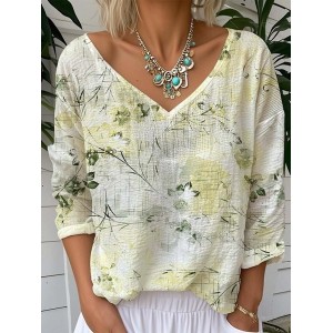 Women's Floral Long Sleeve Tee T-shirt V Neck Vintage Spring/Fall Top