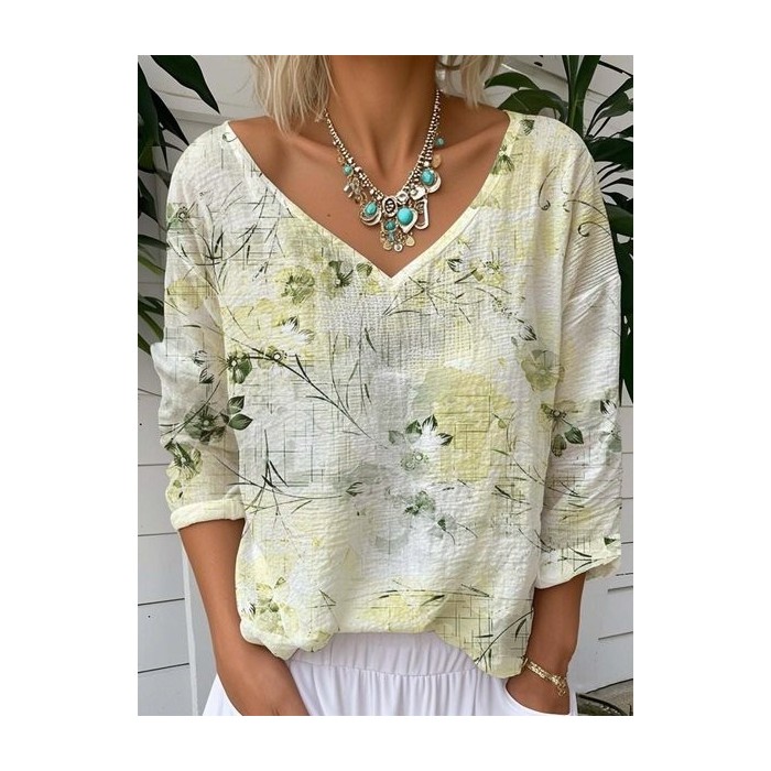 Women's Floral Long Sleeve Tee T-shirt V Neck Vintage Spring/Fall Top