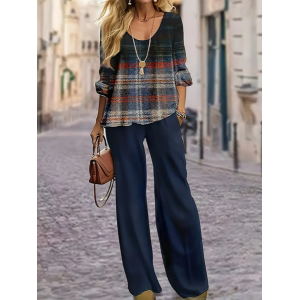 Women's Plaid Printing Two-Piece Set Daily Long Sleeve Casual Spring/Fall Top With Pants Matching Set