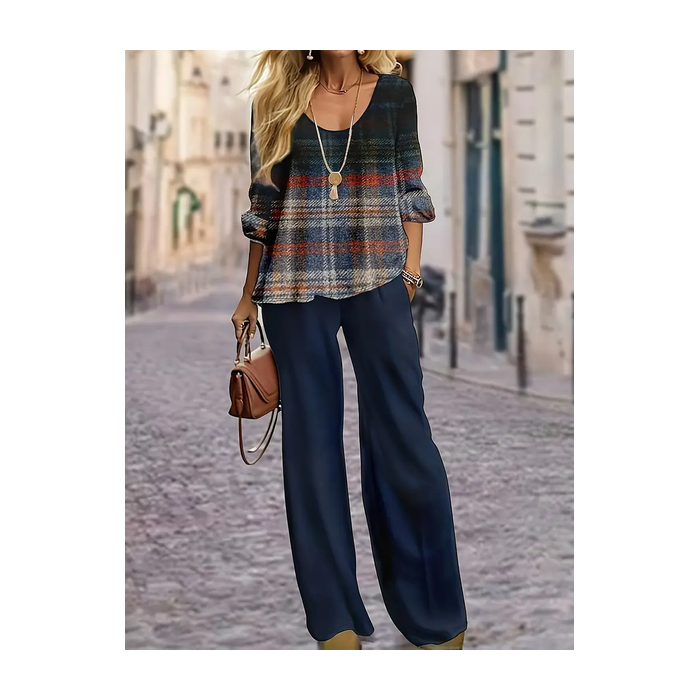 Women's Plaid Printing Two-Piece Set Daily Long Sleeve Casual Spring/Fall Top With Pants Matching Set