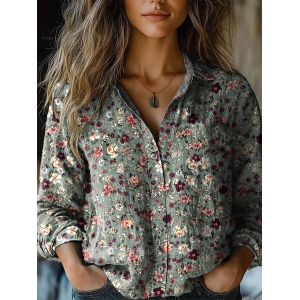 Women Floral Long Sleeve Shirt Spring/Fall Shirt Collar Daily Casual Top