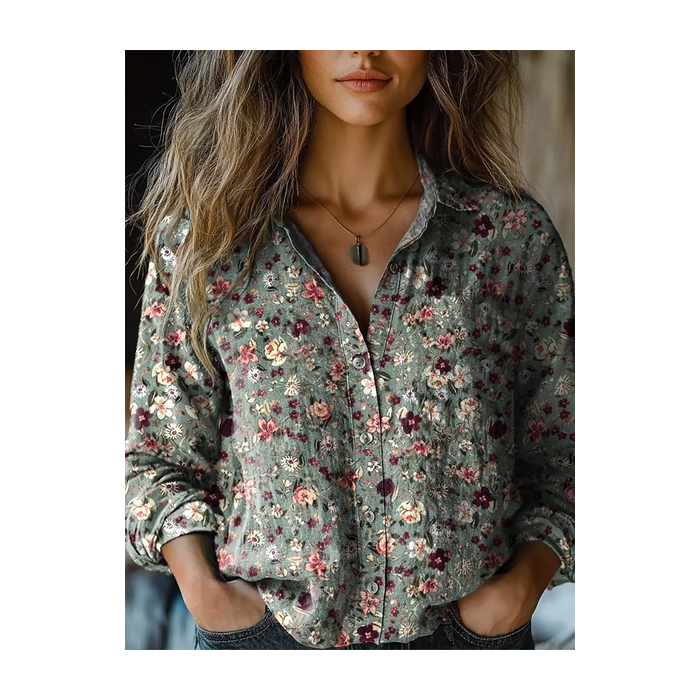 Women Floral Long Sleeve Shirt Spring/Fall Shirt Collar Daily Casual Top