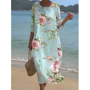 Women Floral Half Sleeve Summer Printing Dress Crew Neck Daily Casual Maxi H-Line Dress