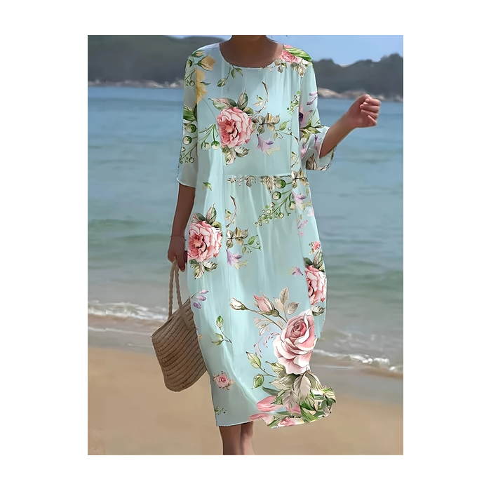 Women Floral Half Sleeve Summer Printing Dress Crew Neck Daily Casual Maxi H-Line Dress