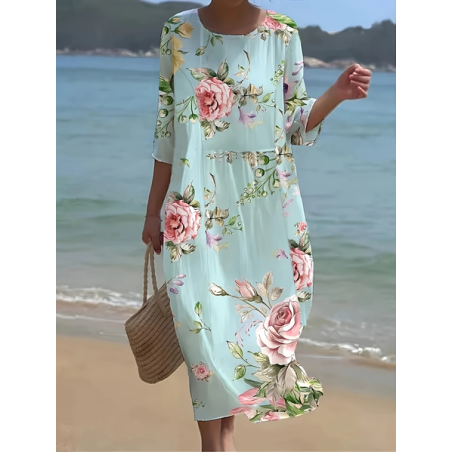 Women Floral Half Sleeve Summer Printing Dress Crew Neck Daily Casual Maxi H-Line Dress
