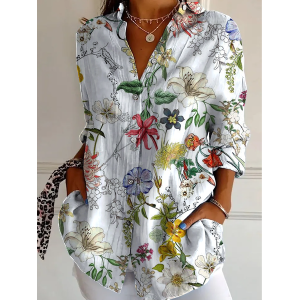 Women Floral Long Sleeve Shirt Spring/Fall Shirt Collar Daily Casual Top